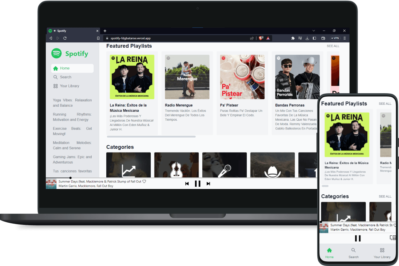 A screenshot of the Spotify Clone project on a mobile device and on a desktop device.