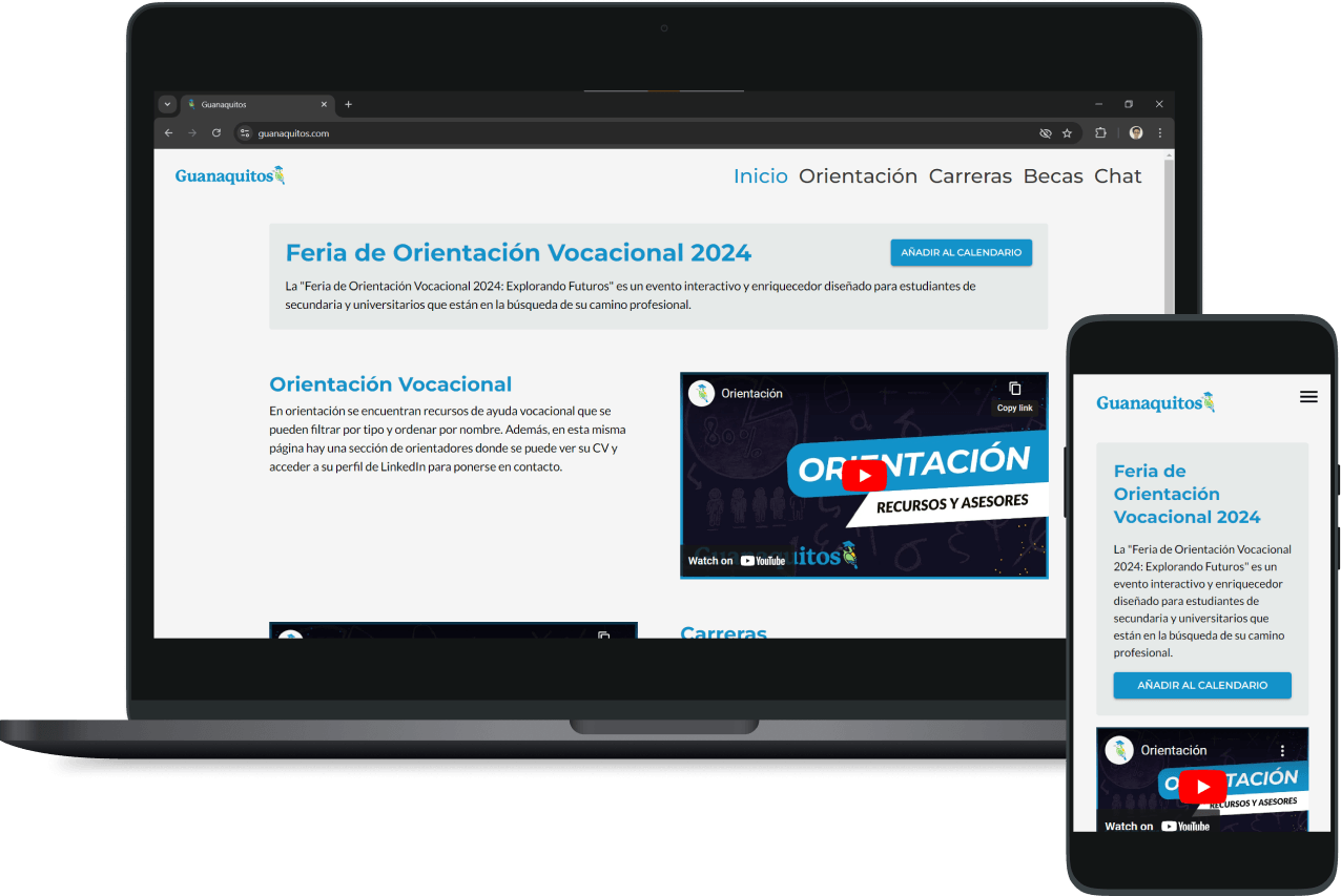 A screenshot of Guanaquitos home page on a mobile device and on a desktop device