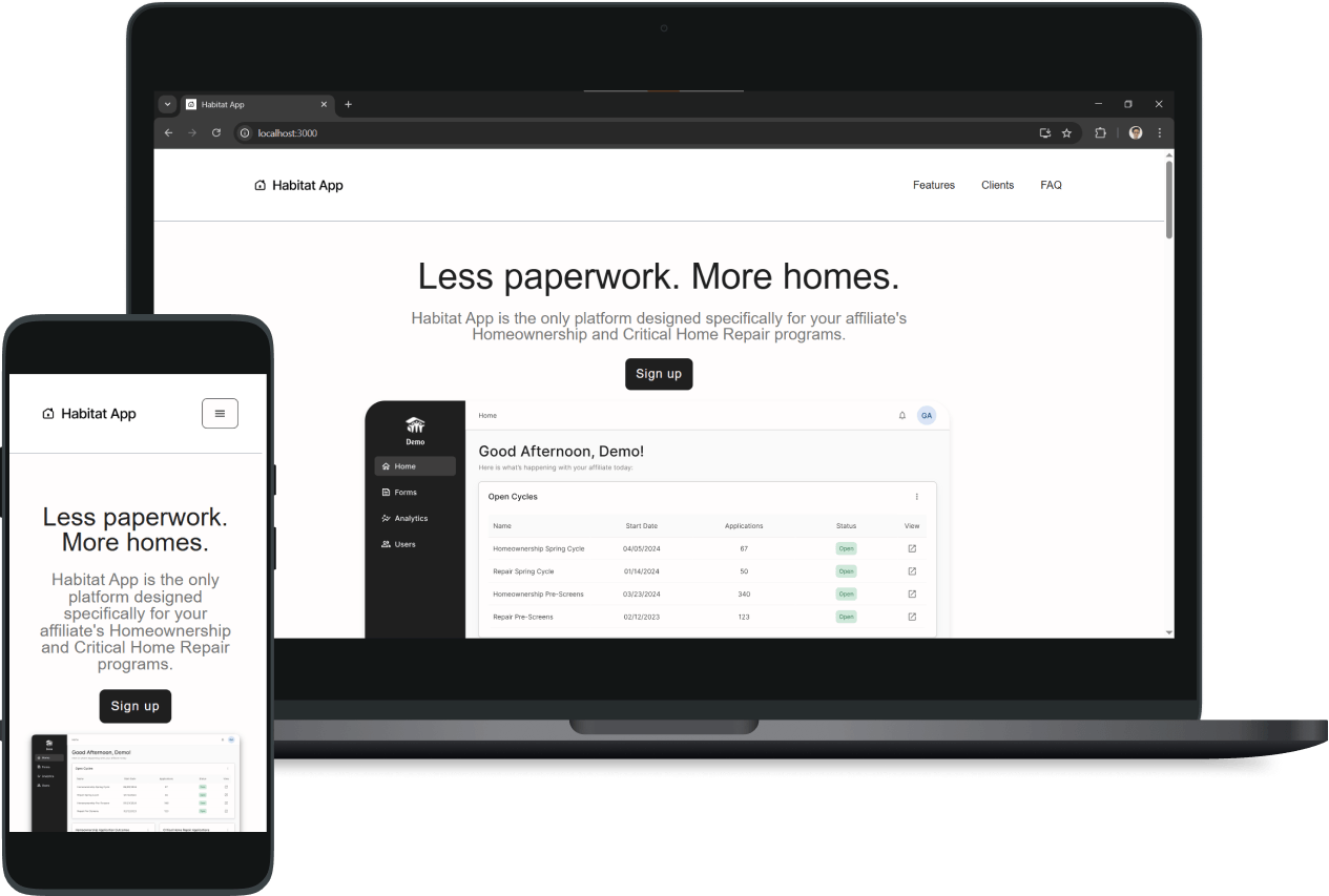 A screenshot of Habitat home page on a mobile device and on a desktop device